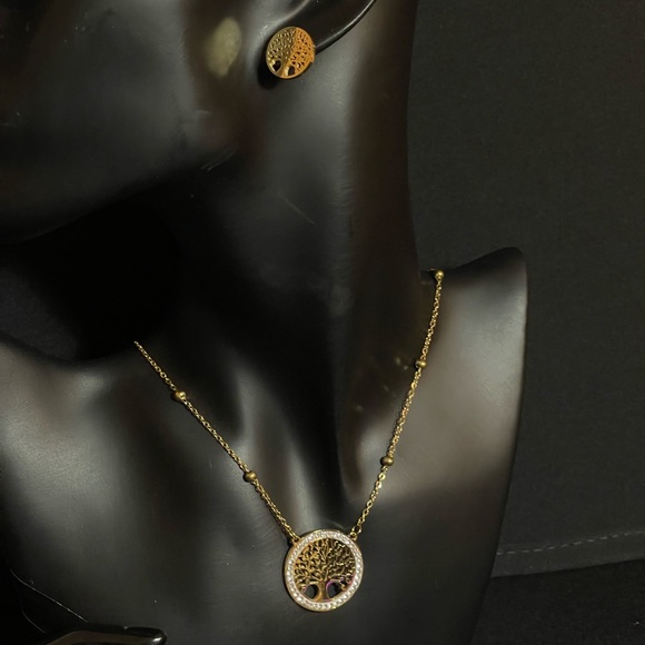 Tree Of Life Golden Necklace Earrings Set With Zirconia. Stainless Steel - Picture 9 of 10